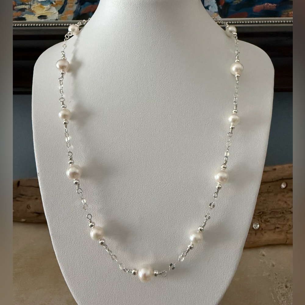 Handcrafted Pearl Station Necklace - White Pearls on Sterling Silver Chain